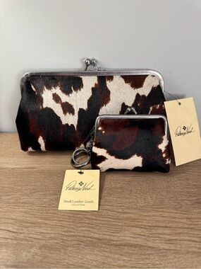 Patricia Nash 2pc Set of Brown and Cream Cowhide Kiss-Lock Bag & Wallet Set, NWT